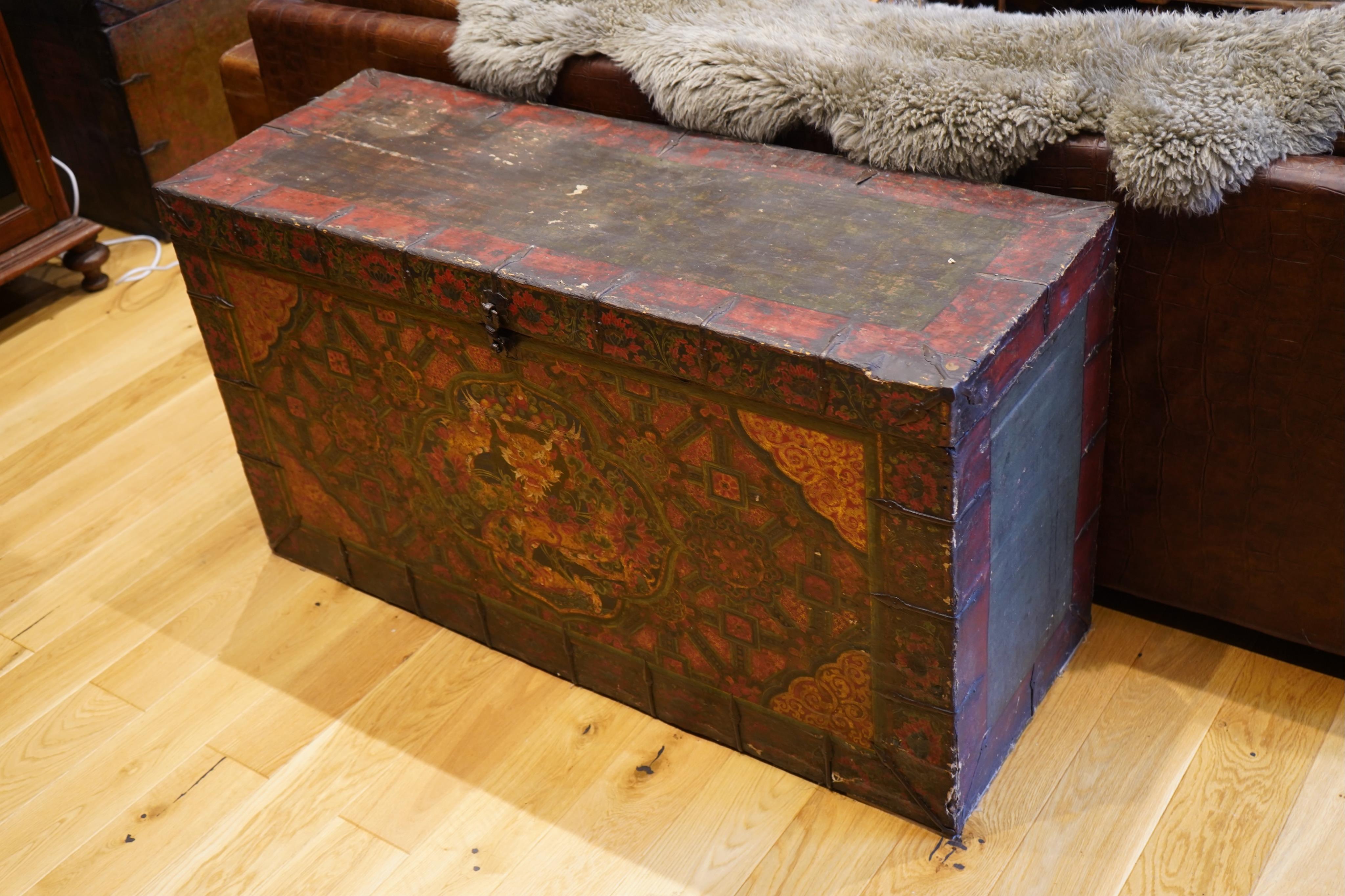 An early 19th century Tibetan, Dzongkha dragon painted trunk, width 122cm, depth 45cm, height 66cm. Condition - fair